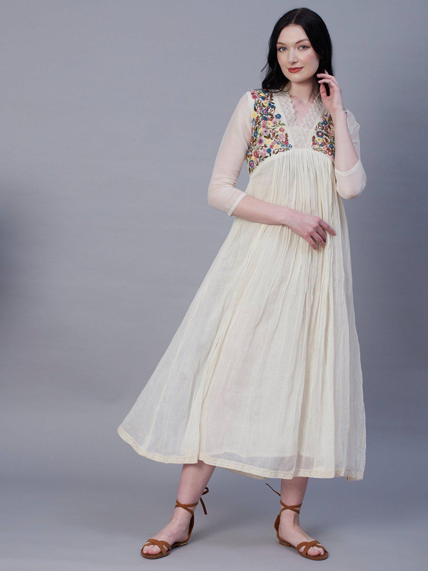 resham & pearl embroidered lace embellished maxi dress - off white