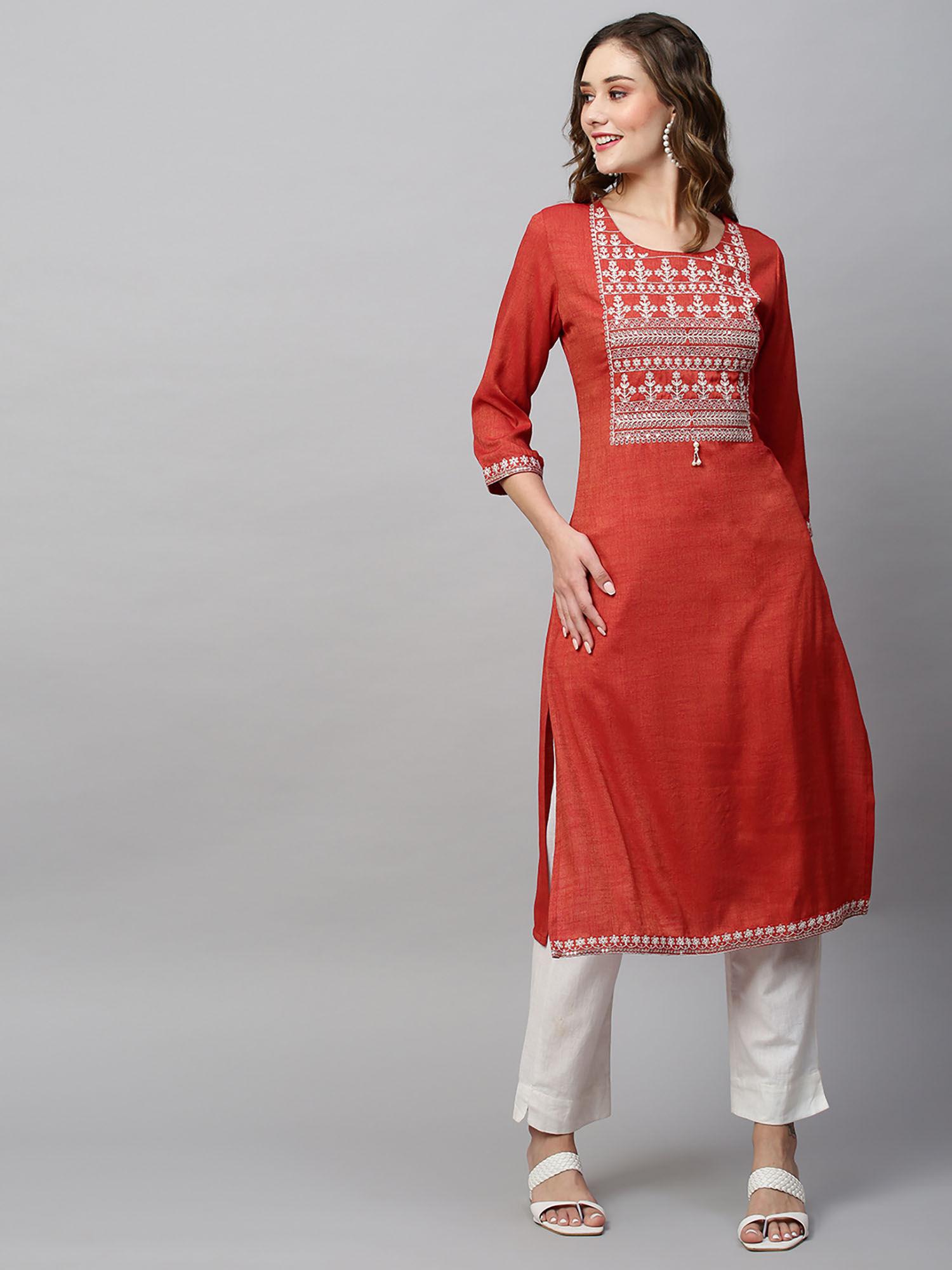 resham dori, zari & sequins embroidered kurta - two-toned red