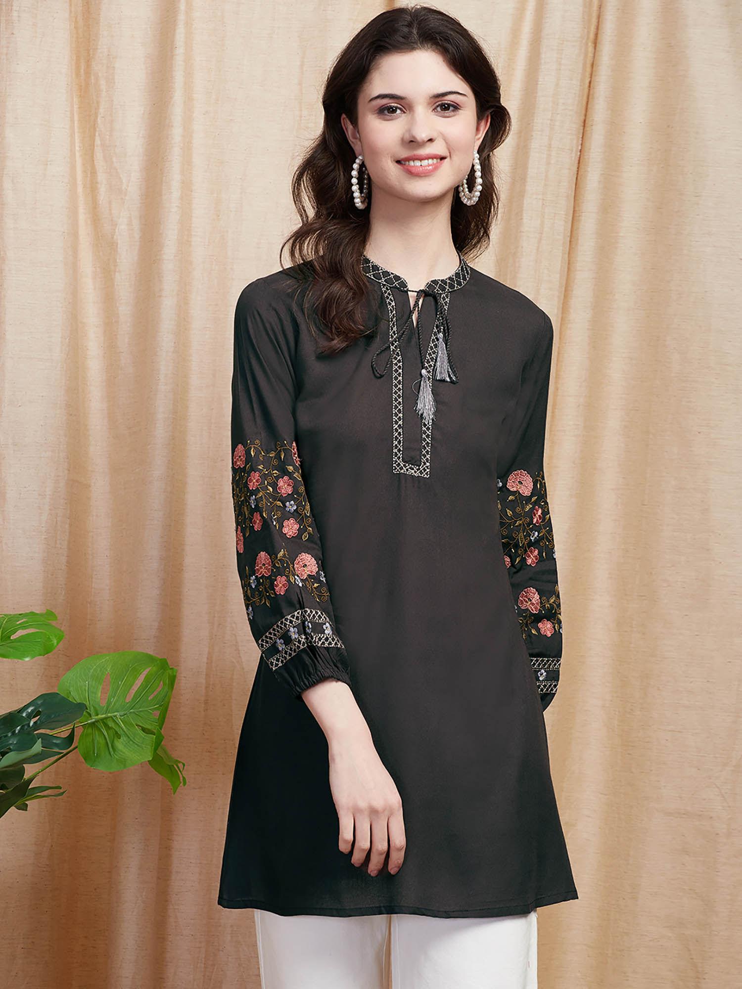 resham embroidered a-line kurti - black