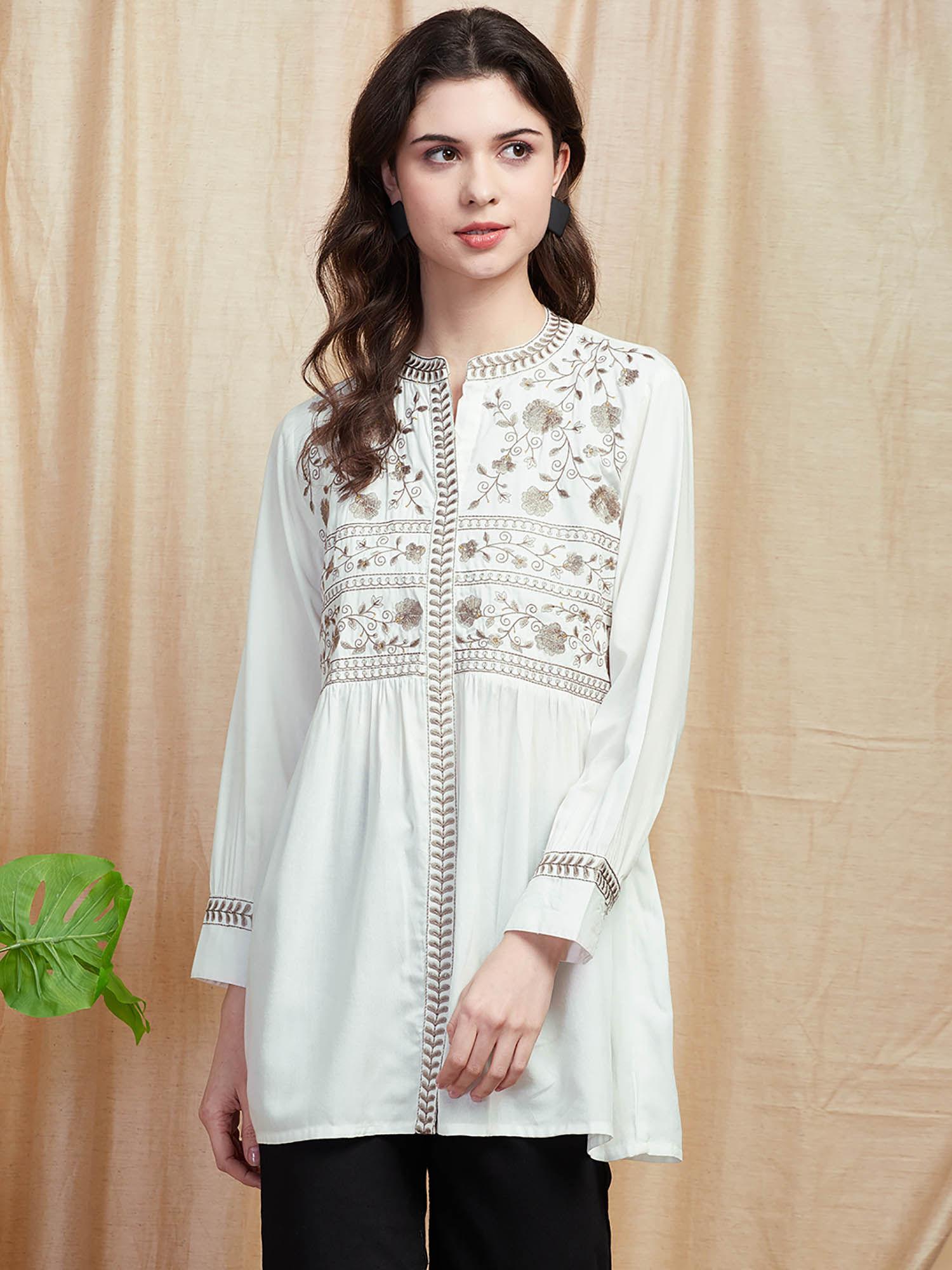 resham embroidered pleated kurti - white