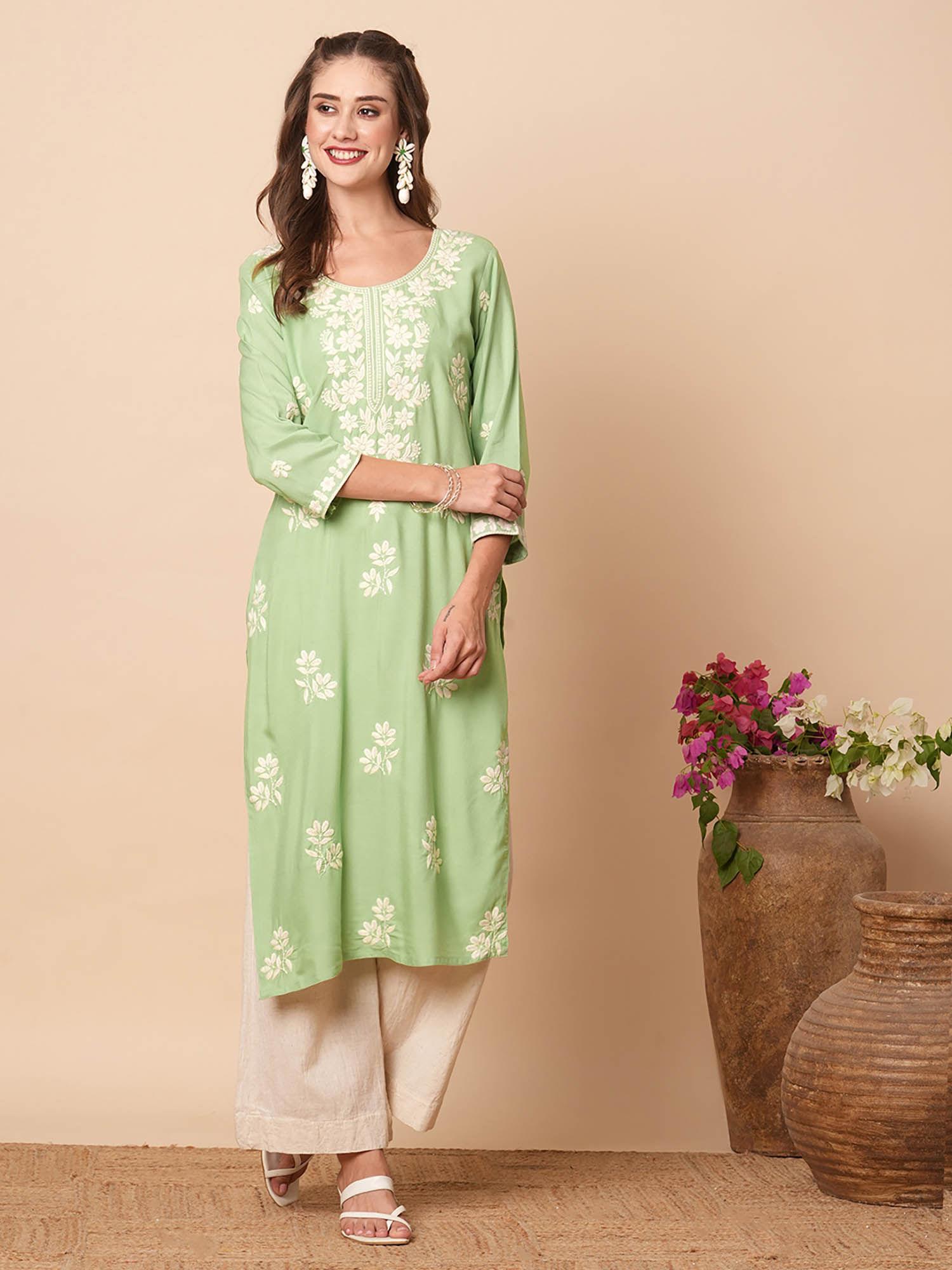 resham floral chikankari embroidered kurta