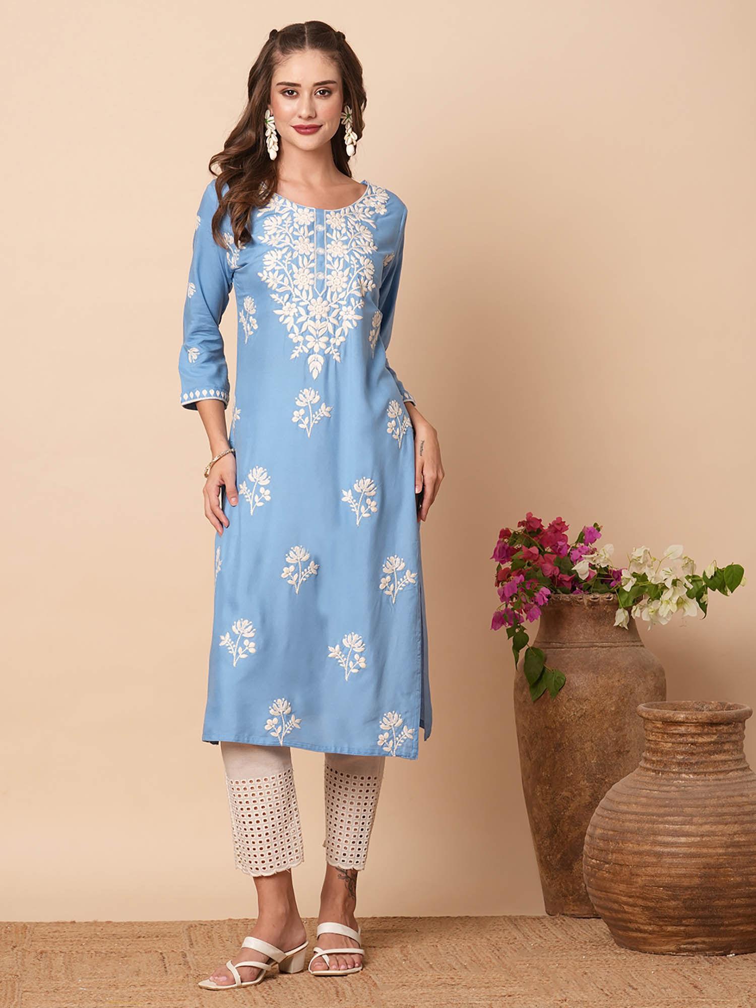 resham floral chikankari embroidered kurta