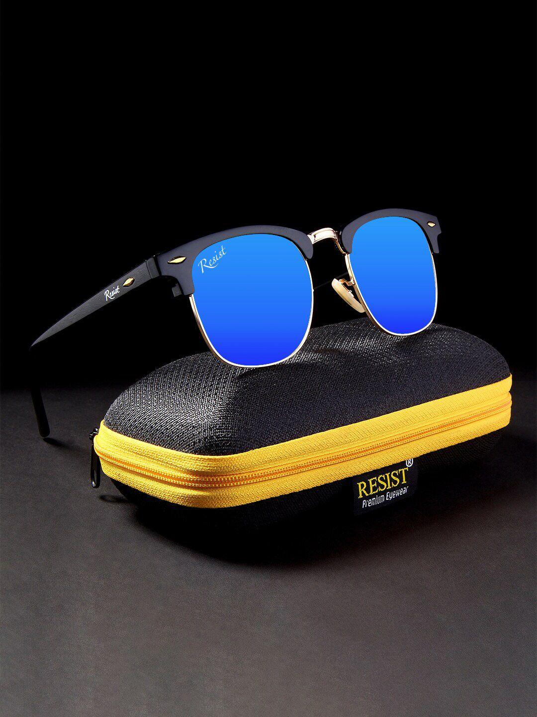 resist eyewear unisex blue lens & gold-toned browline sunglasses with uv protected lens