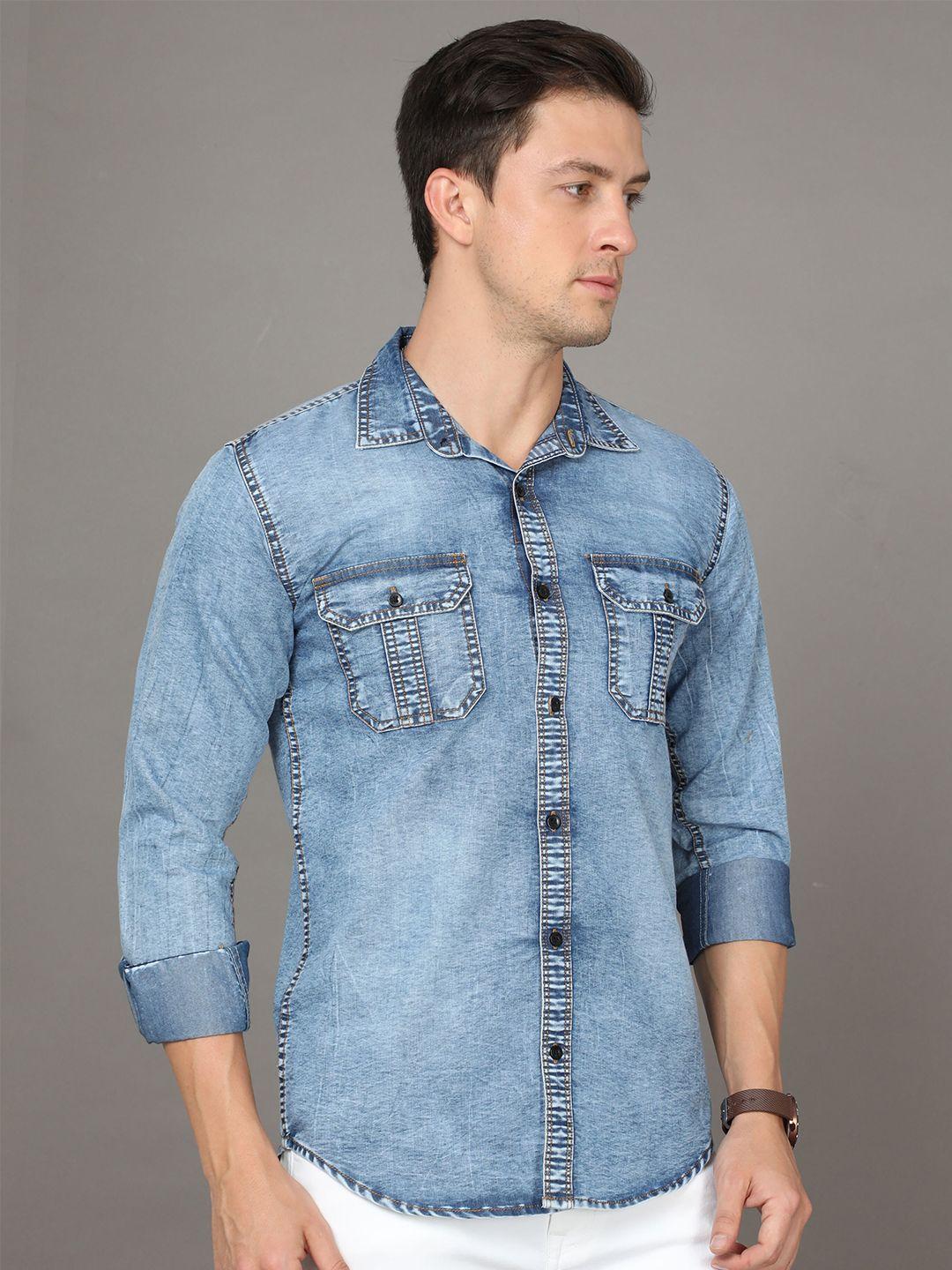 reslag faded spread collar opaque denim casual shirt