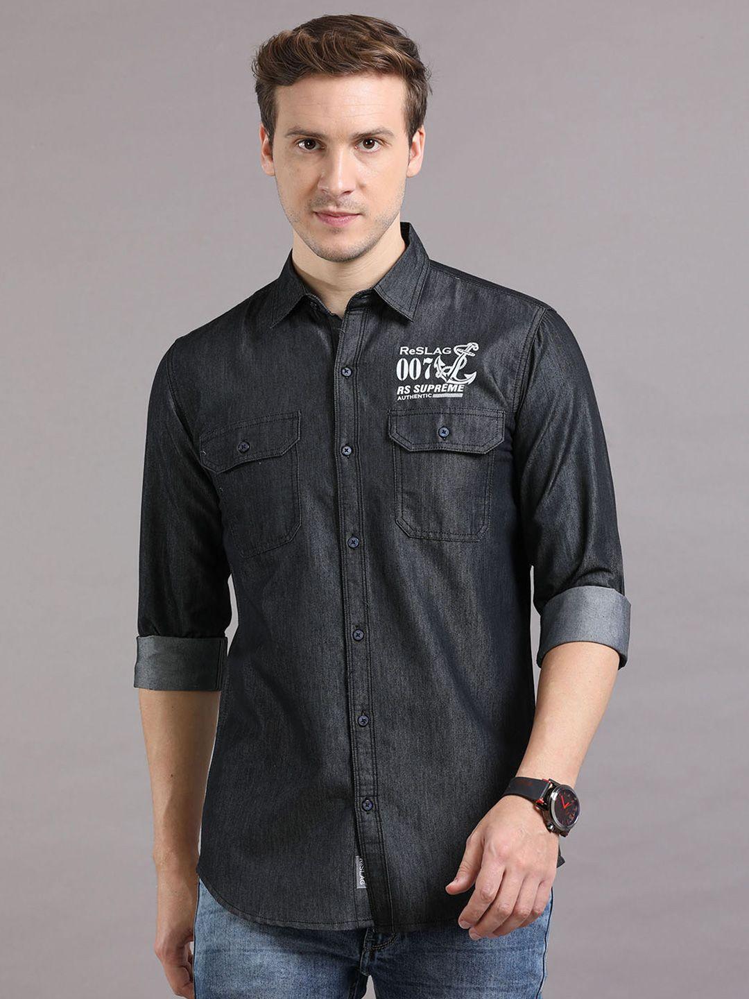 reslag typography printed casual denim shirt