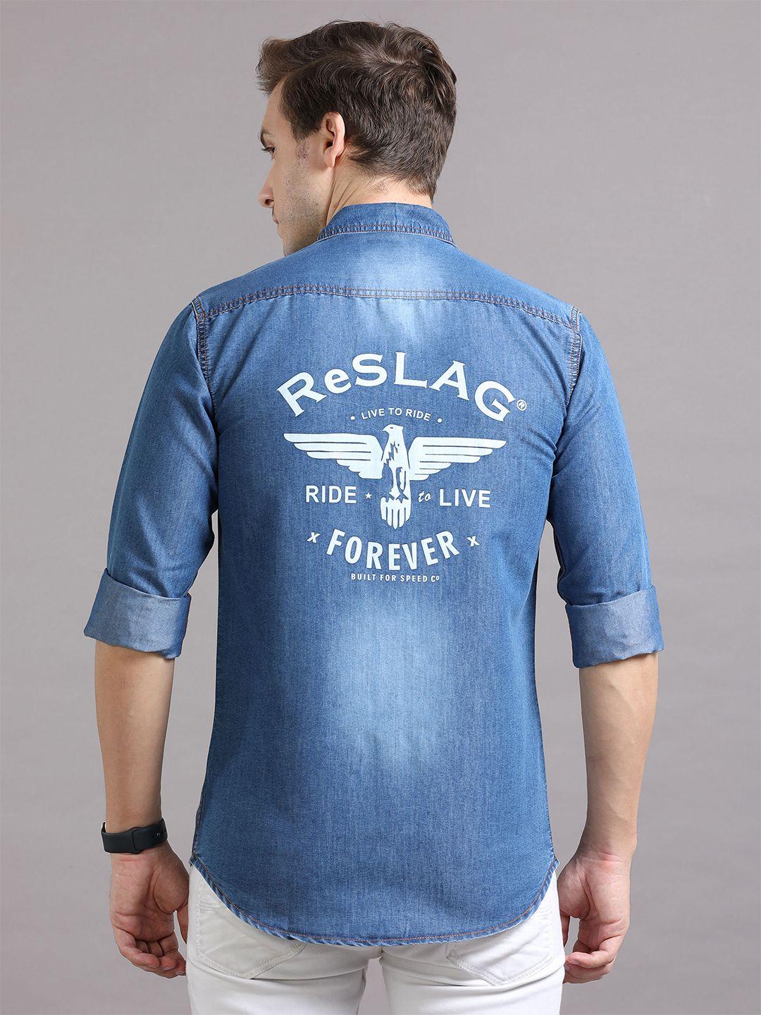 reslag typography printed denim casual shirt