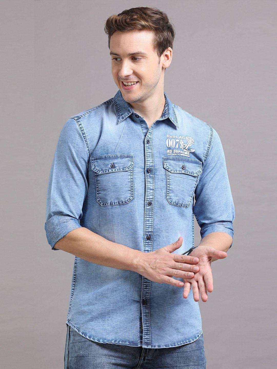 reslag typography printed denim casual shirt