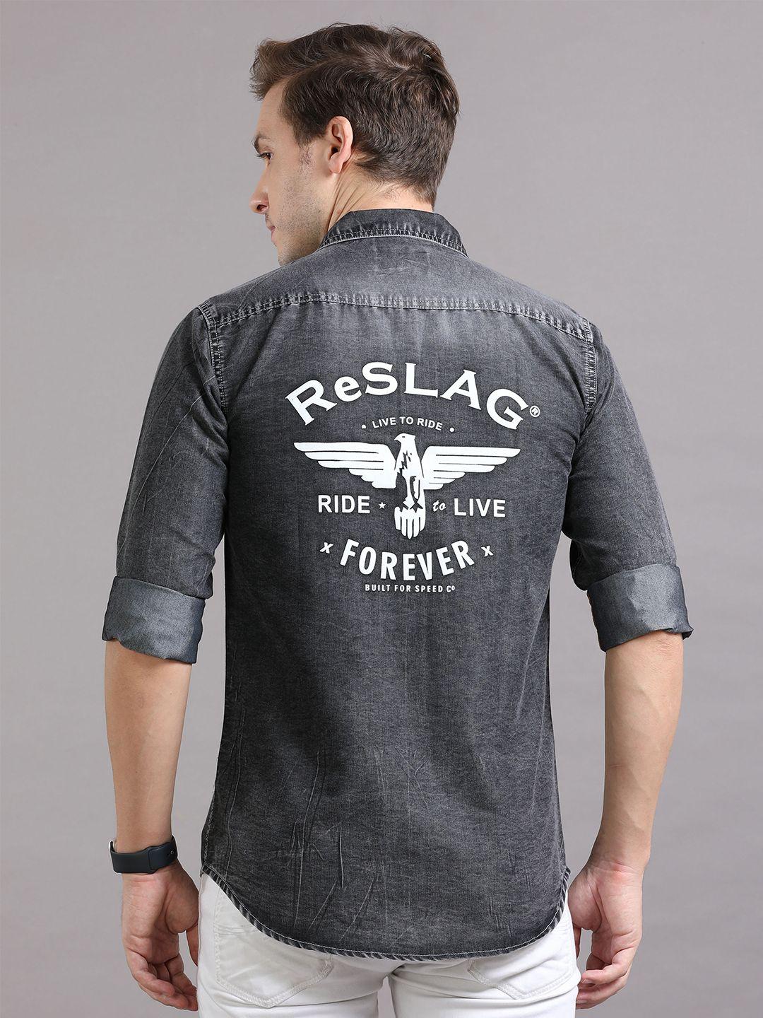 reslag typography printed faded casual denim shirt