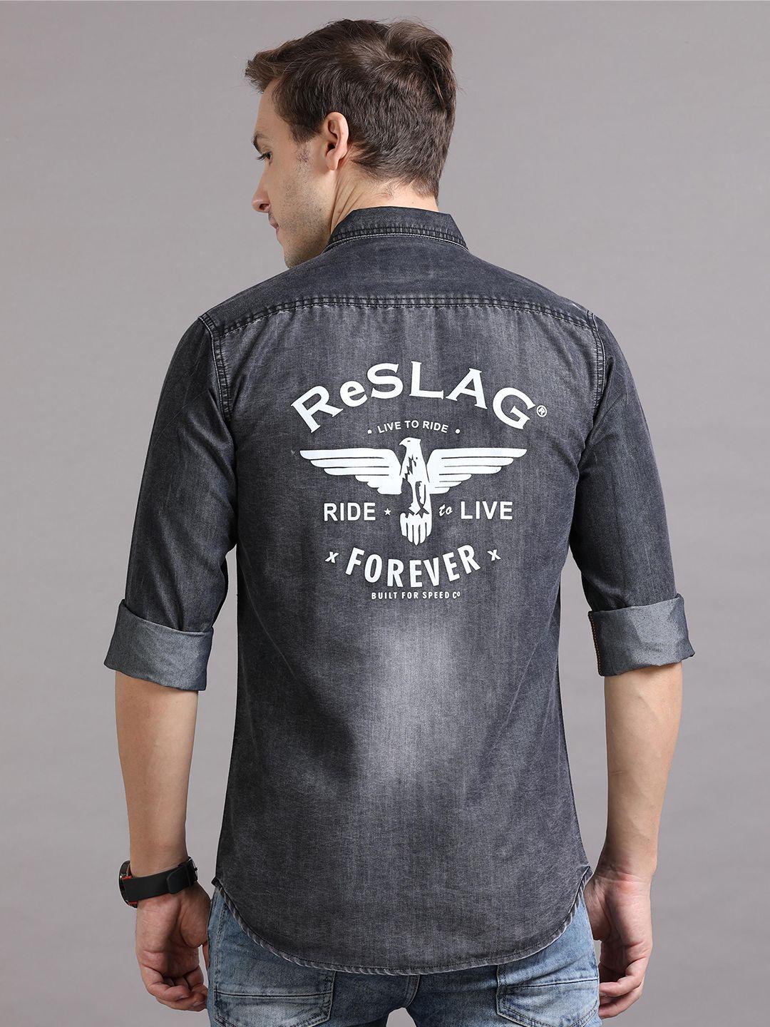 reslag typography printed faded casual denim shirt