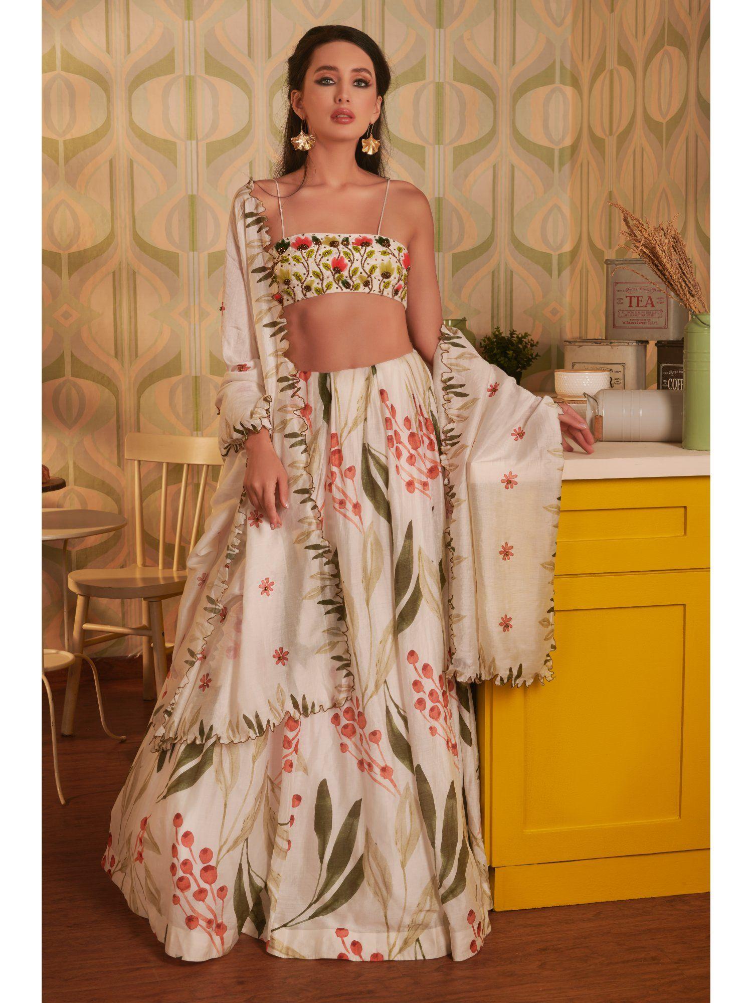 resplendent white & green floral lehenga (set of 3)