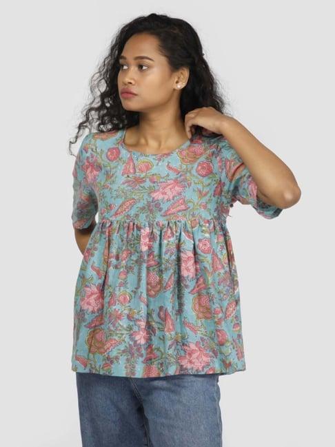 retiyo barkha blue block printed khadi peplum top