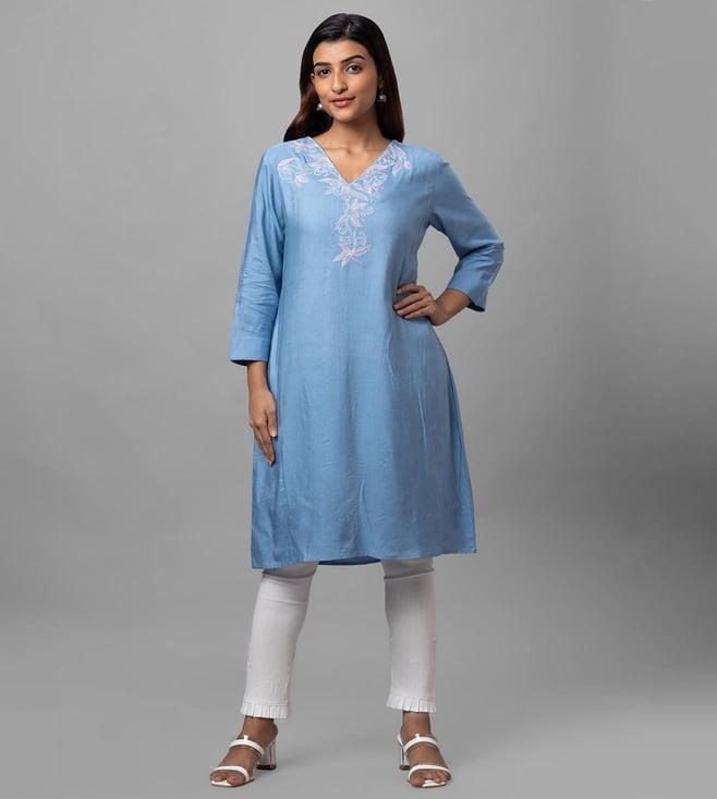 retiyo dusty blue shaye eco khadi bafta silk hand embroidered tunic dress