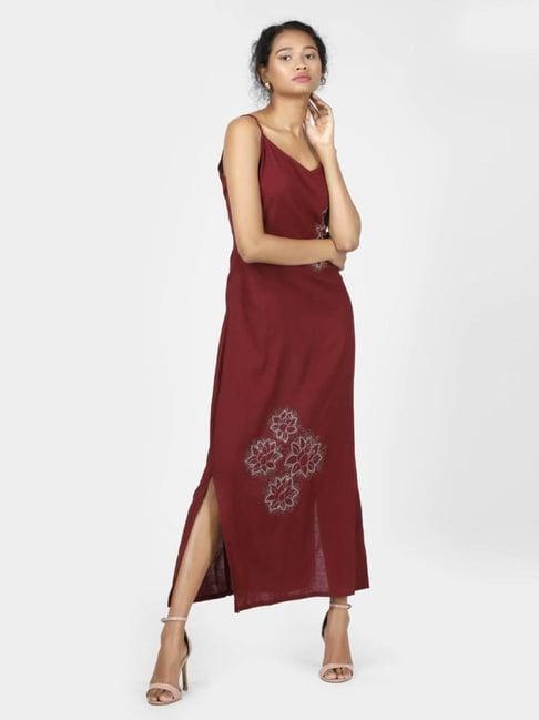 retiyo maya embroidered khadi cotton burgundy strap dress