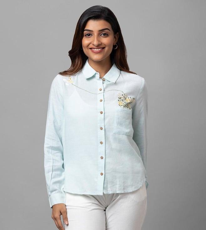 retiyo powder blue meera eco khadi cotton shirt with placemnt embroidery