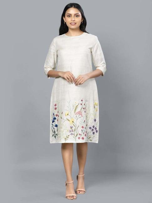 retiyo samaya ivory khadi spun silk floral embroidered dress