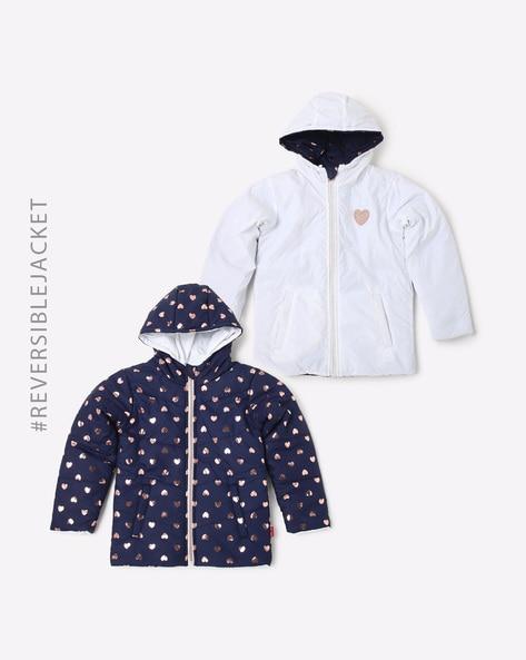 reversible hooded puffer jacket with slip pockets