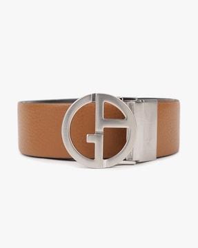 reversible solid gold logo belt with smooth & pebbled leather