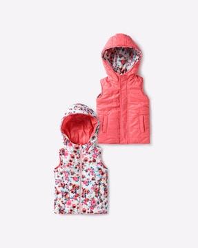 reversible floral print gillet with hood