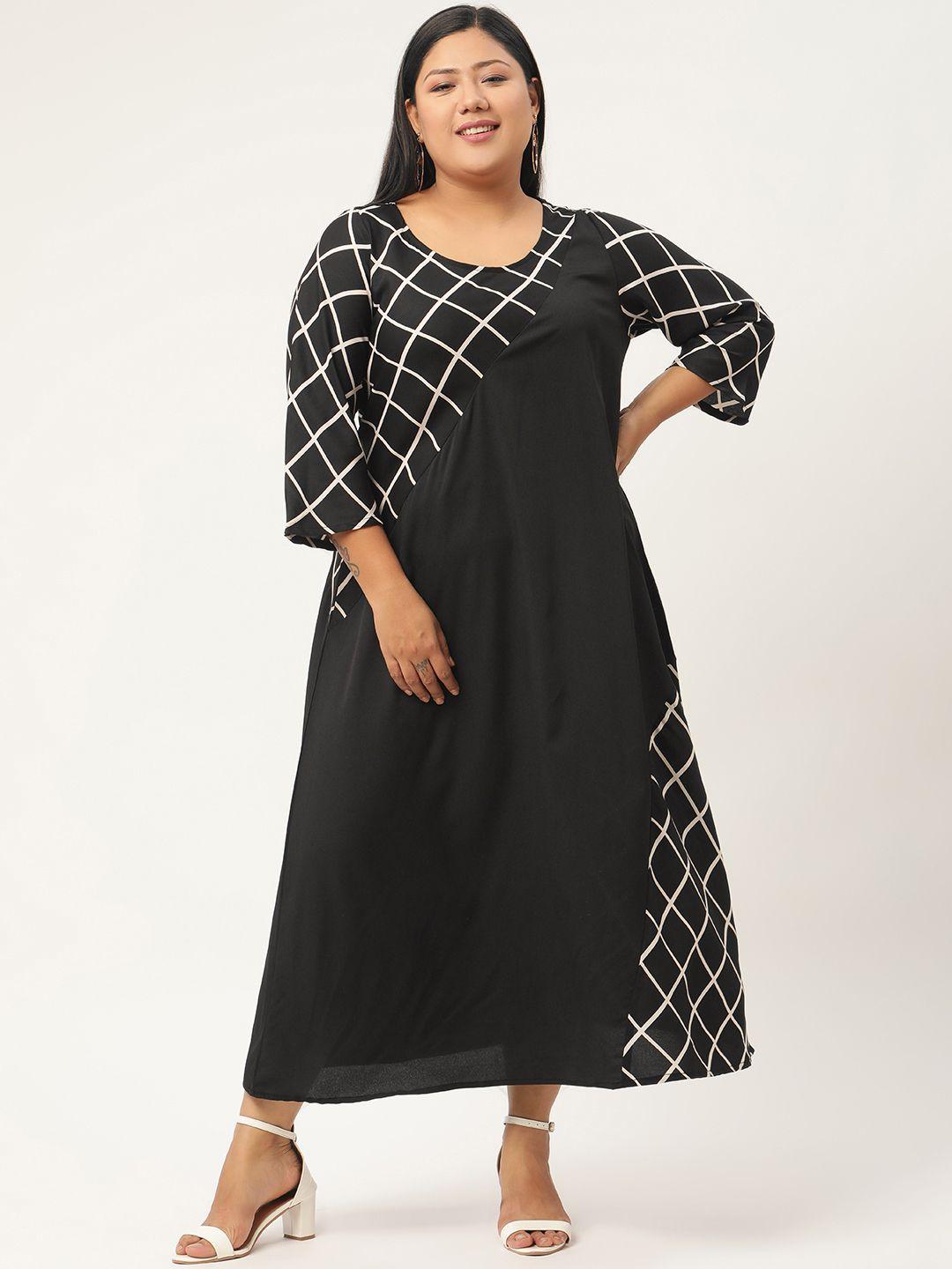 revolution black & white checked crepe a-line midi plus size dress