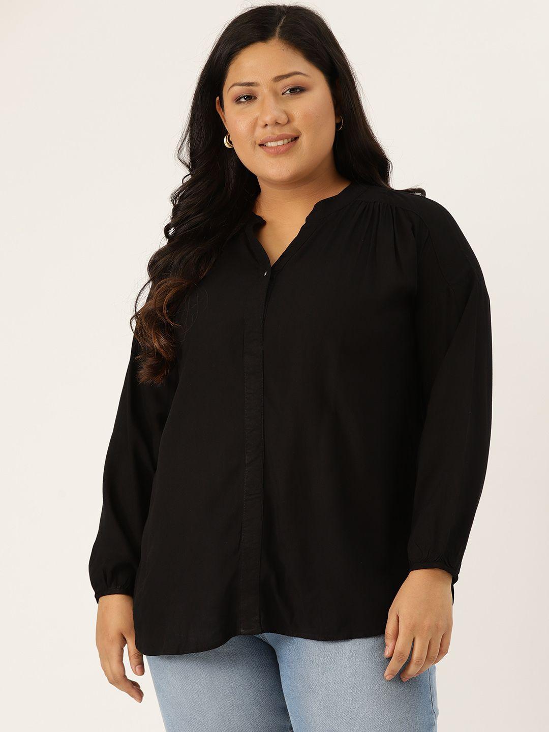 revolution women black solid plus size smocked back high low top with pleated detail