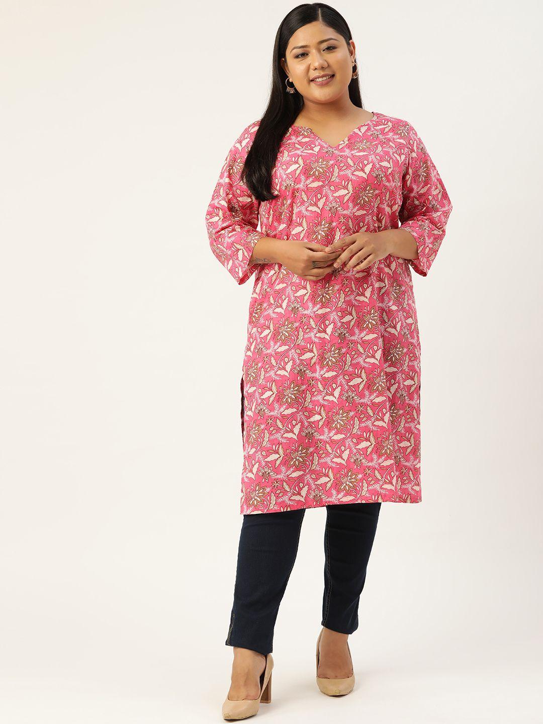 revolution women plus size pink & white ethnic motifs printed pure cotton kurta