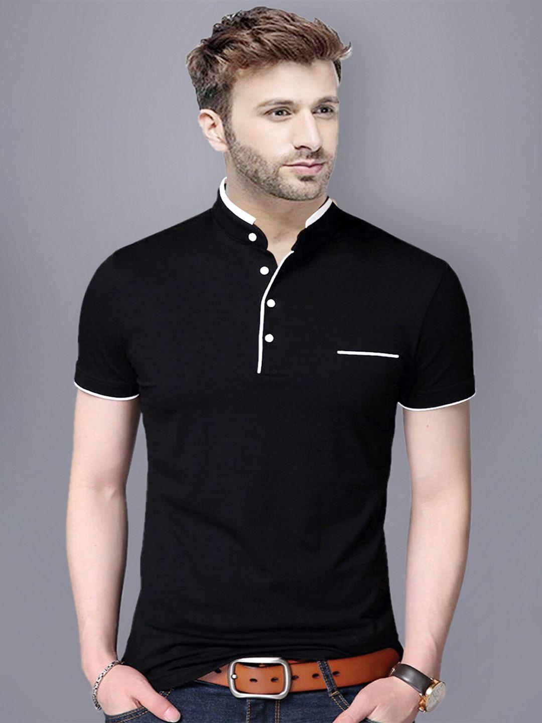 reya men black mandarin collar pure cotton t-shirt