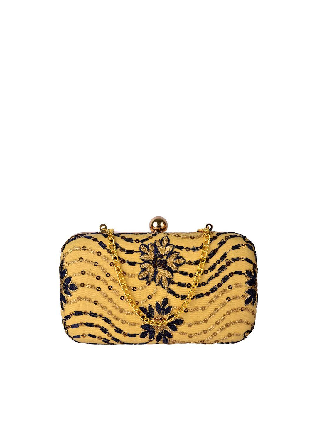 rezzy gold-toned & blue embroidered embellished box clutches