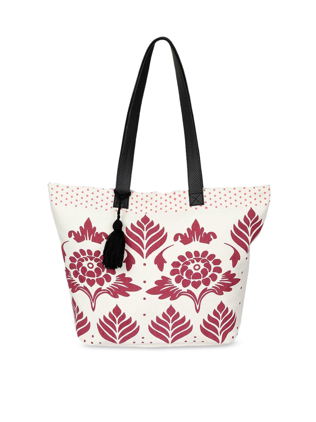 rezzy white & maroon floral printed oversized shopper tote bag