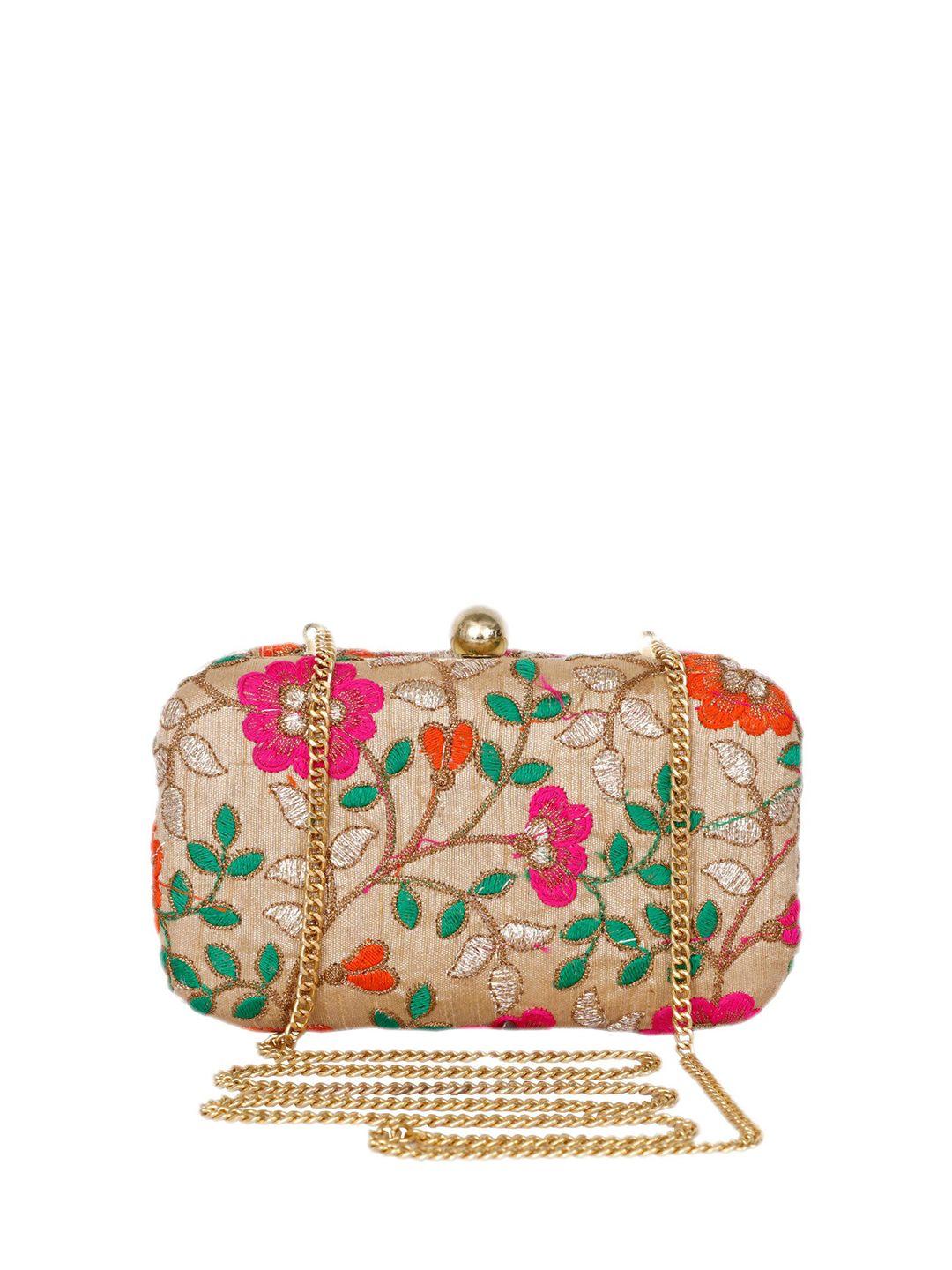 rezzy beige & pink floral embroidered box clutches