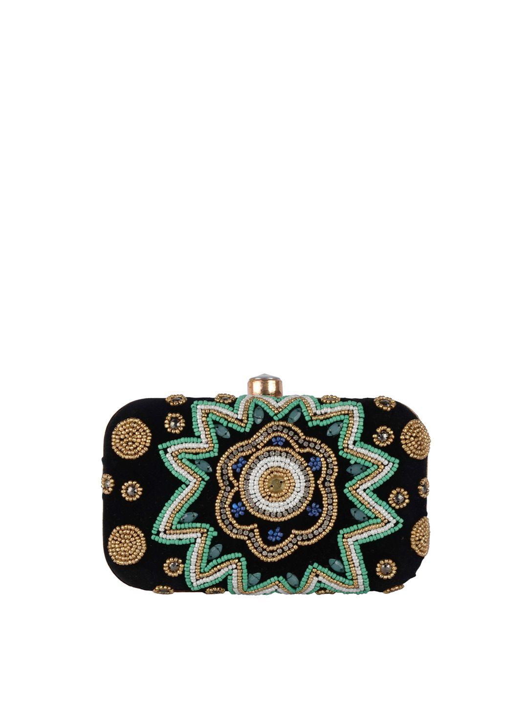 rezzy black & gold-toned embroidered box clutch