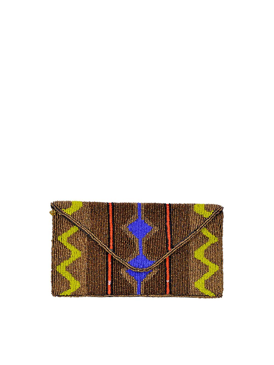 rezzy brown & gold-toned embroidered canvas envelope clutch