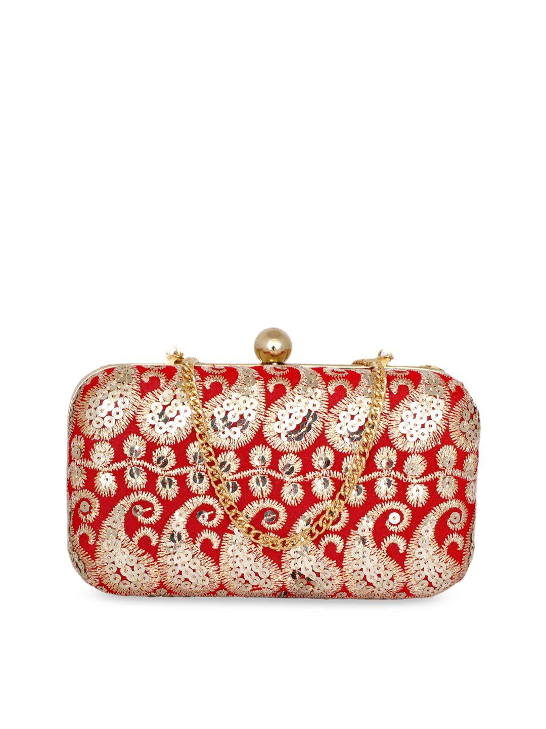 rezzy red & gold-toned embroidered box clutch