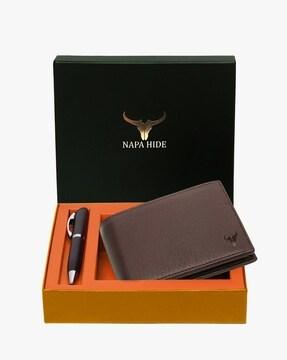 rfid protected bi-fold wallet with pen