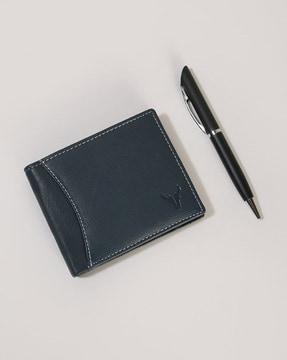 rfid protected leather bi-fold wallet with pen