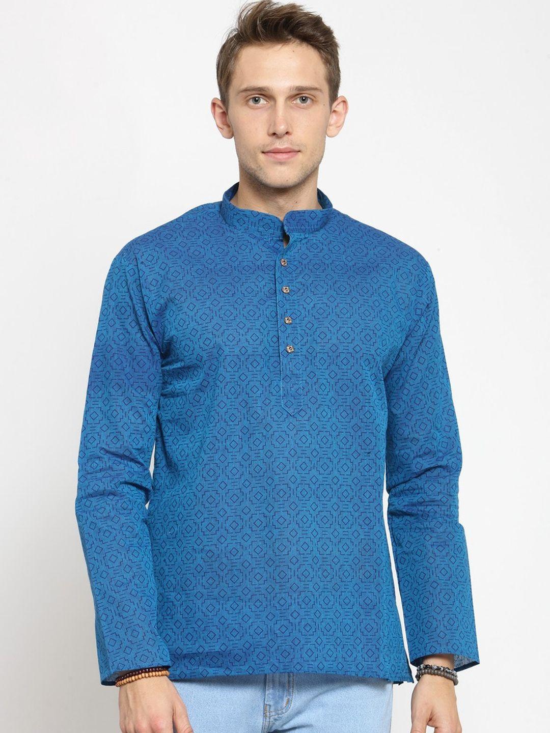 rg designers men blue geometric printed handloom kurta