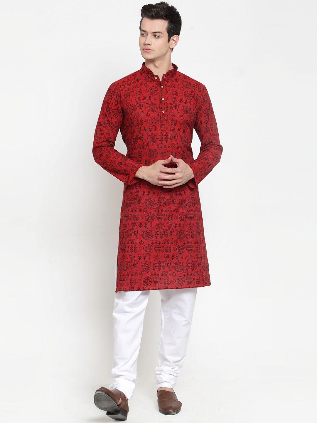 rg designers men maroon ethnic motifs printed regular kurta with pyjamas