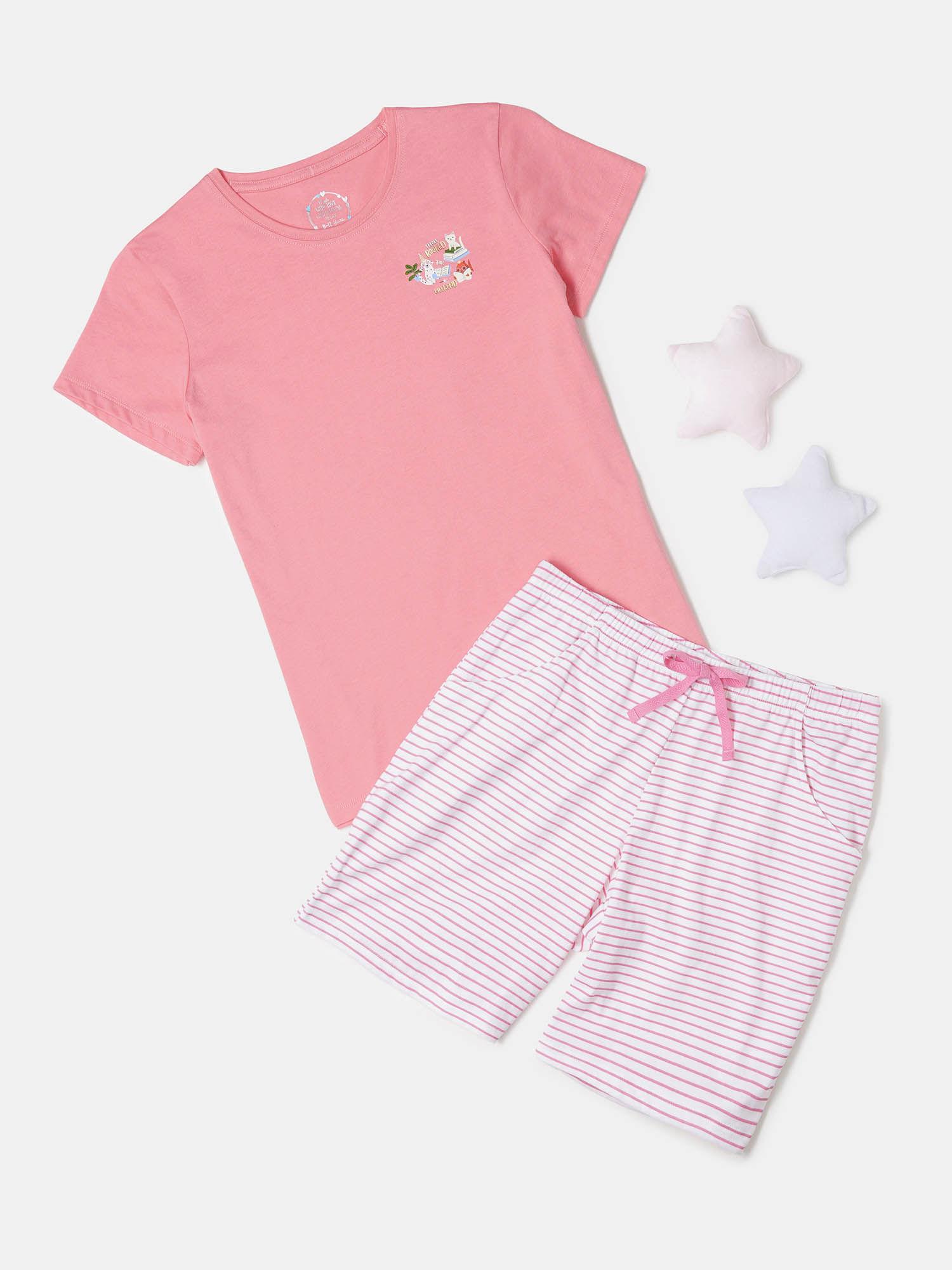 rg11 girl's cotton shorts & t-shirt peach & pink (set of 2)