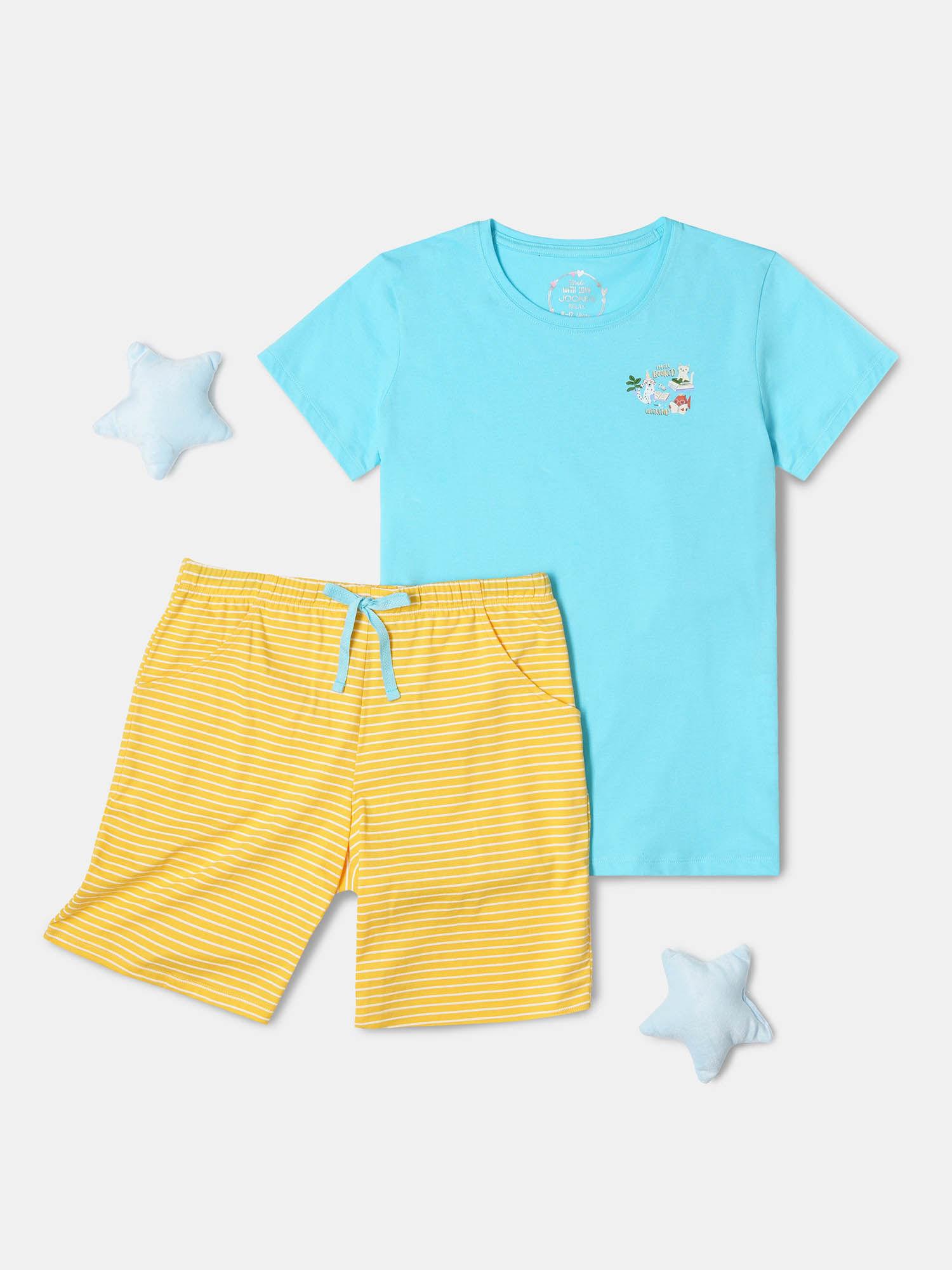 rg11 girl's cotton shorts & t-shirt spectra blue & yellow (set of 2)