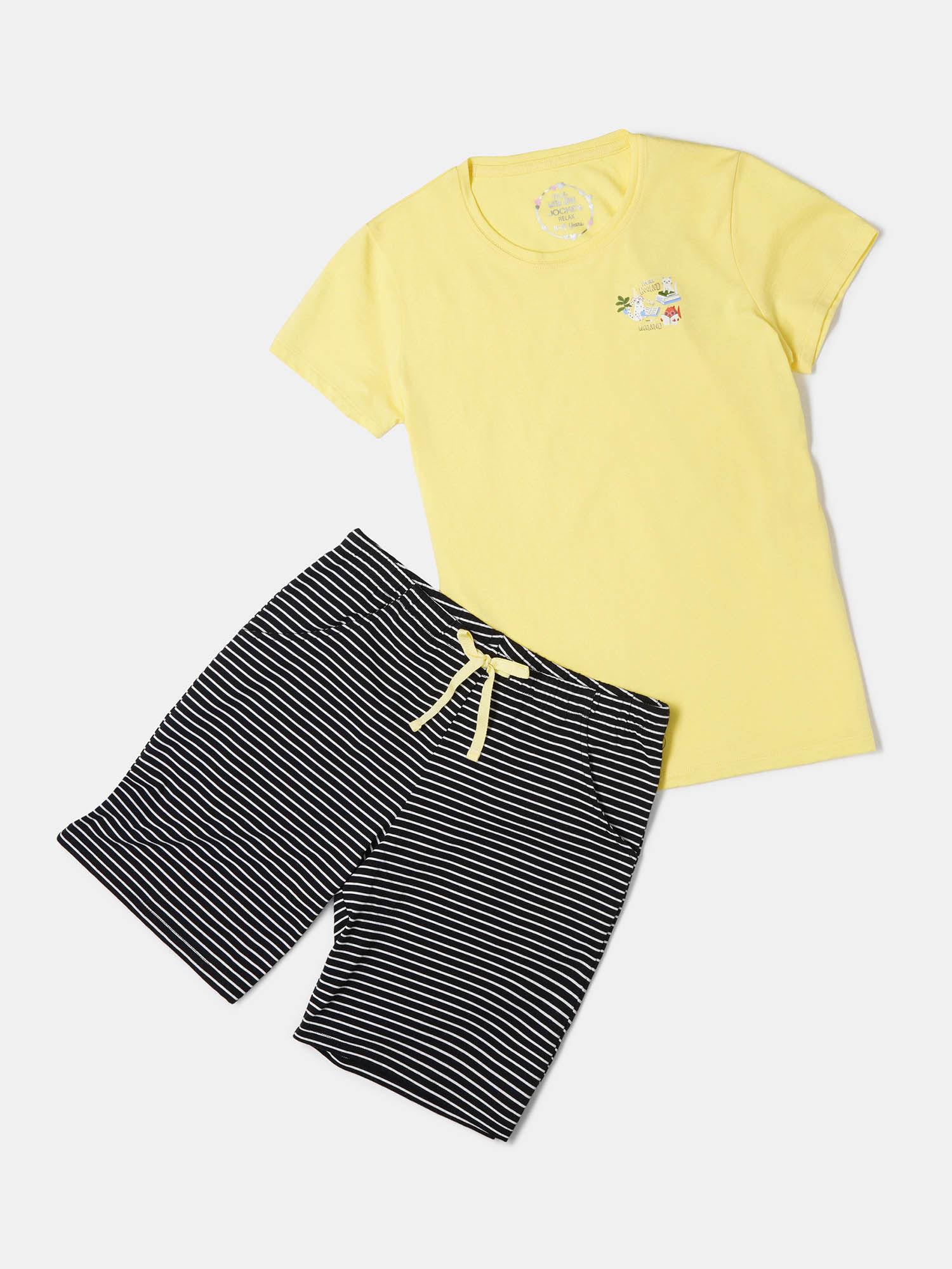 rg11 girl's cotton shorts & t-shirt yellow & black (set of 2)