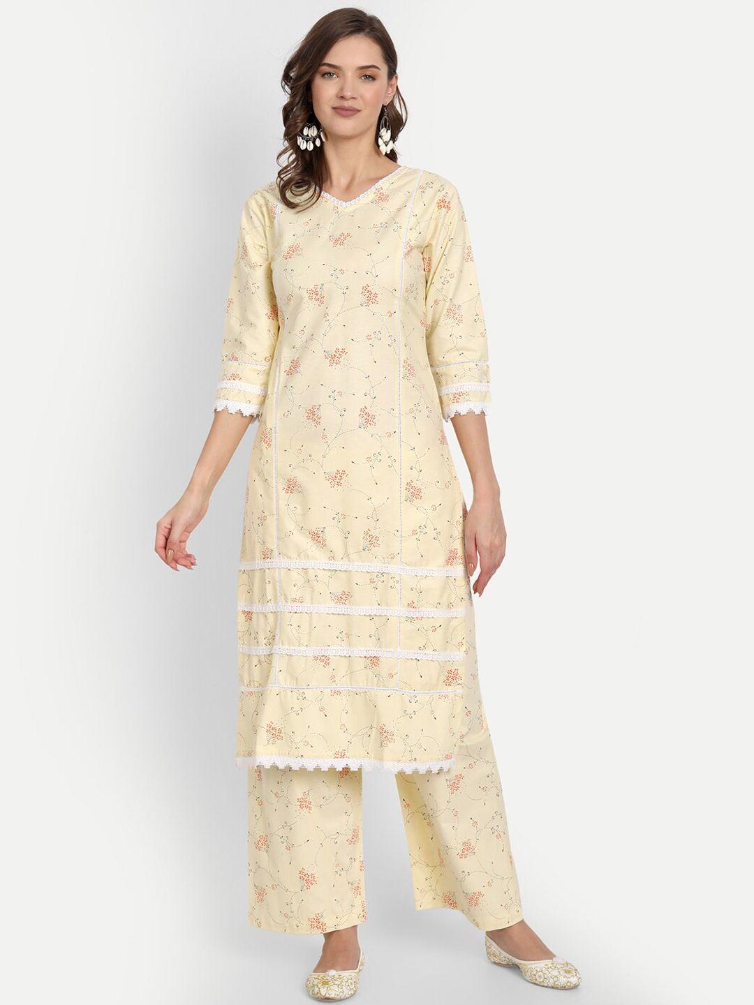 rght women cream-coloured floral printed pure cotton kurta with trousers