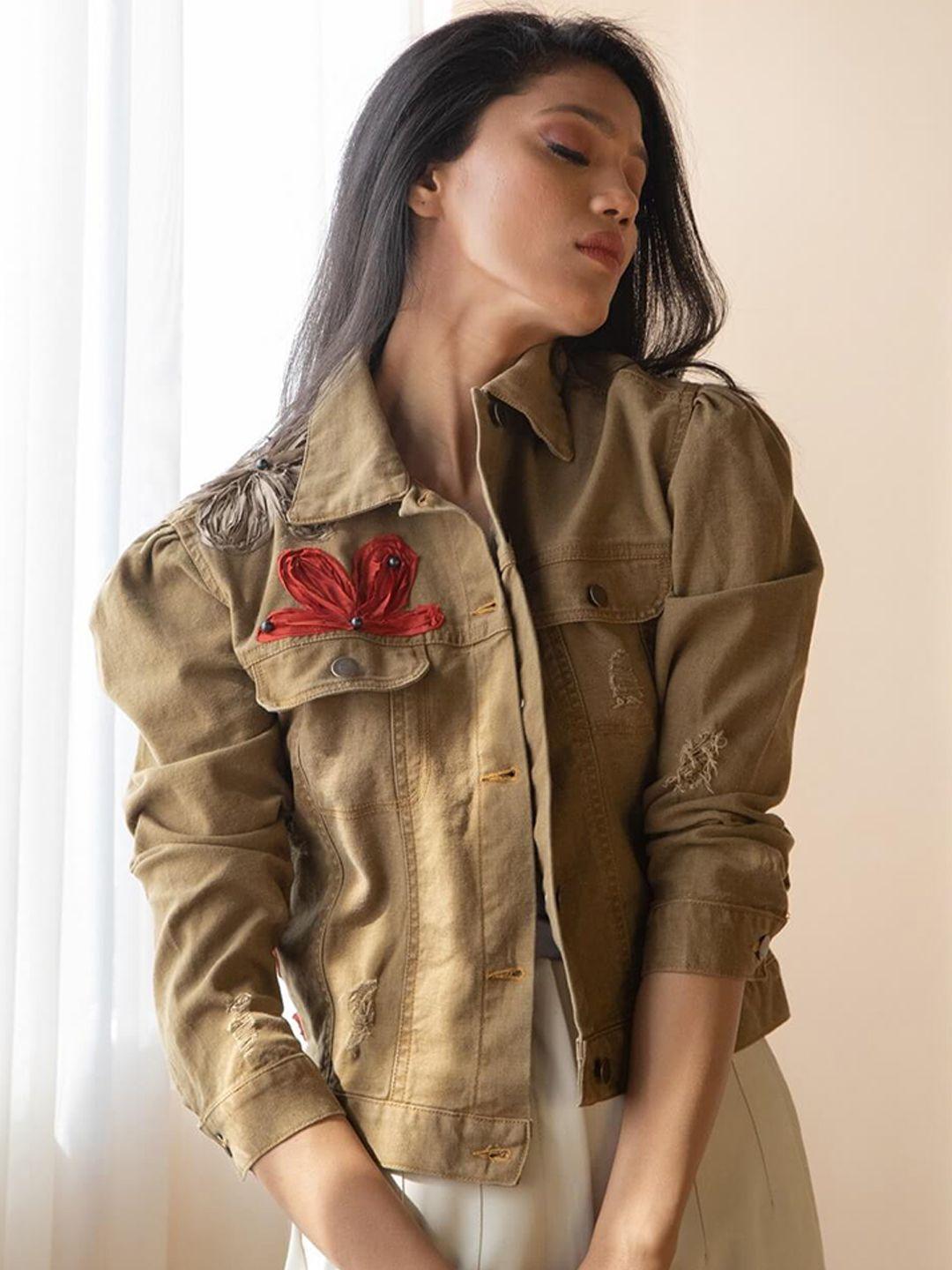 rhe-ana women beige lightweight crop bomber with embroidered jacket