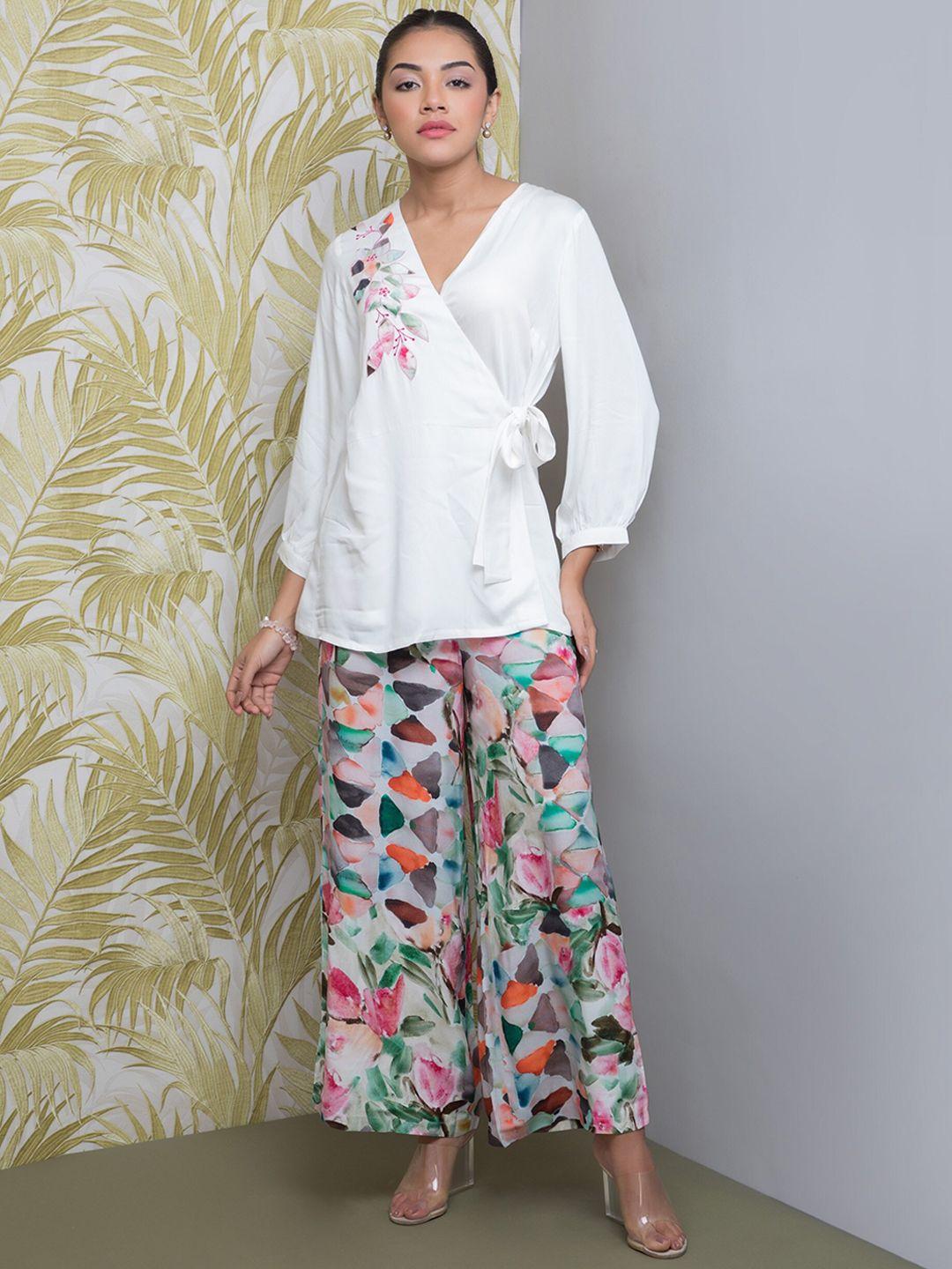 rhe-ana embroidered wrap top with palazzos