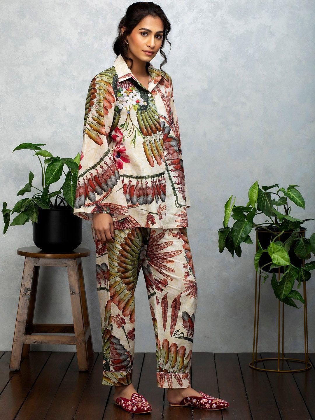 rhe-ana floral printed pure cotton shirt & trousers co-ords