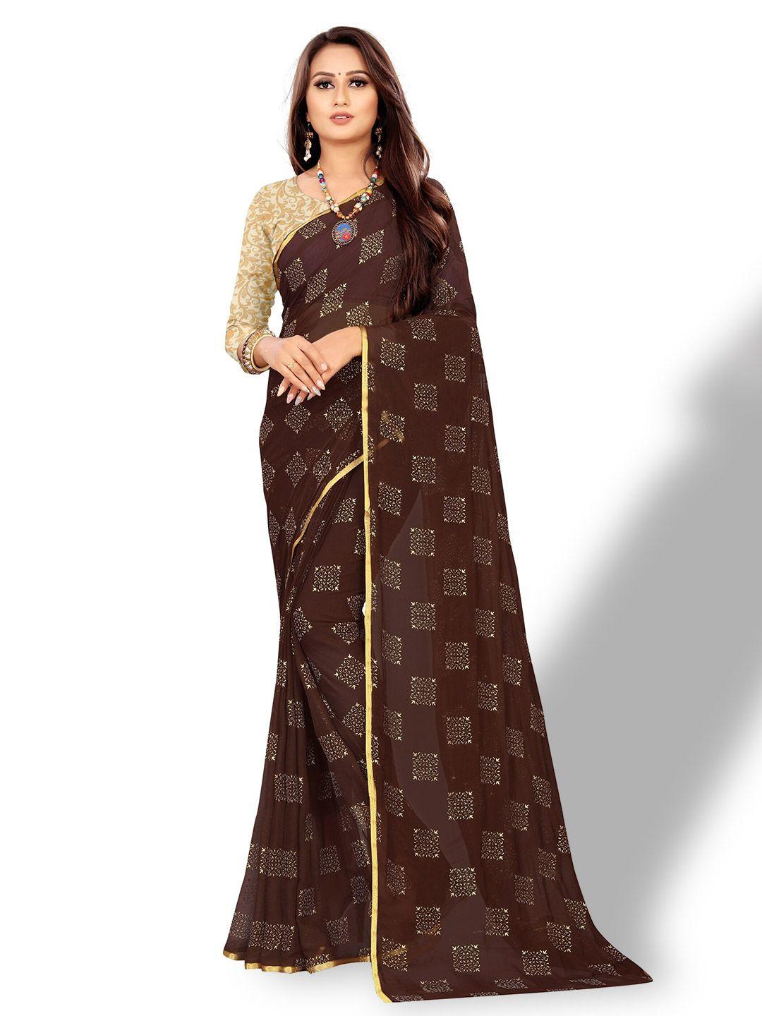 rhey brown & gold-toned ethnic motifs zari poly chiffon banarasi saree