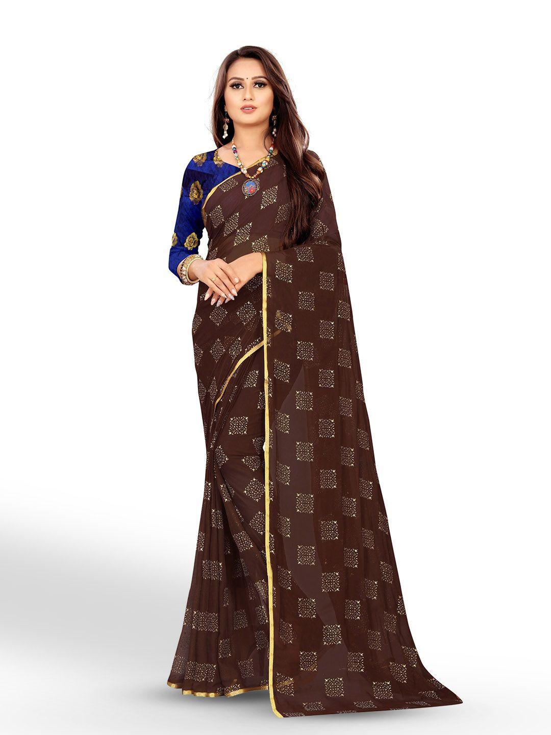 rhey brown & gold-toned ethnic motifs zari poly chiffon banarasi saree