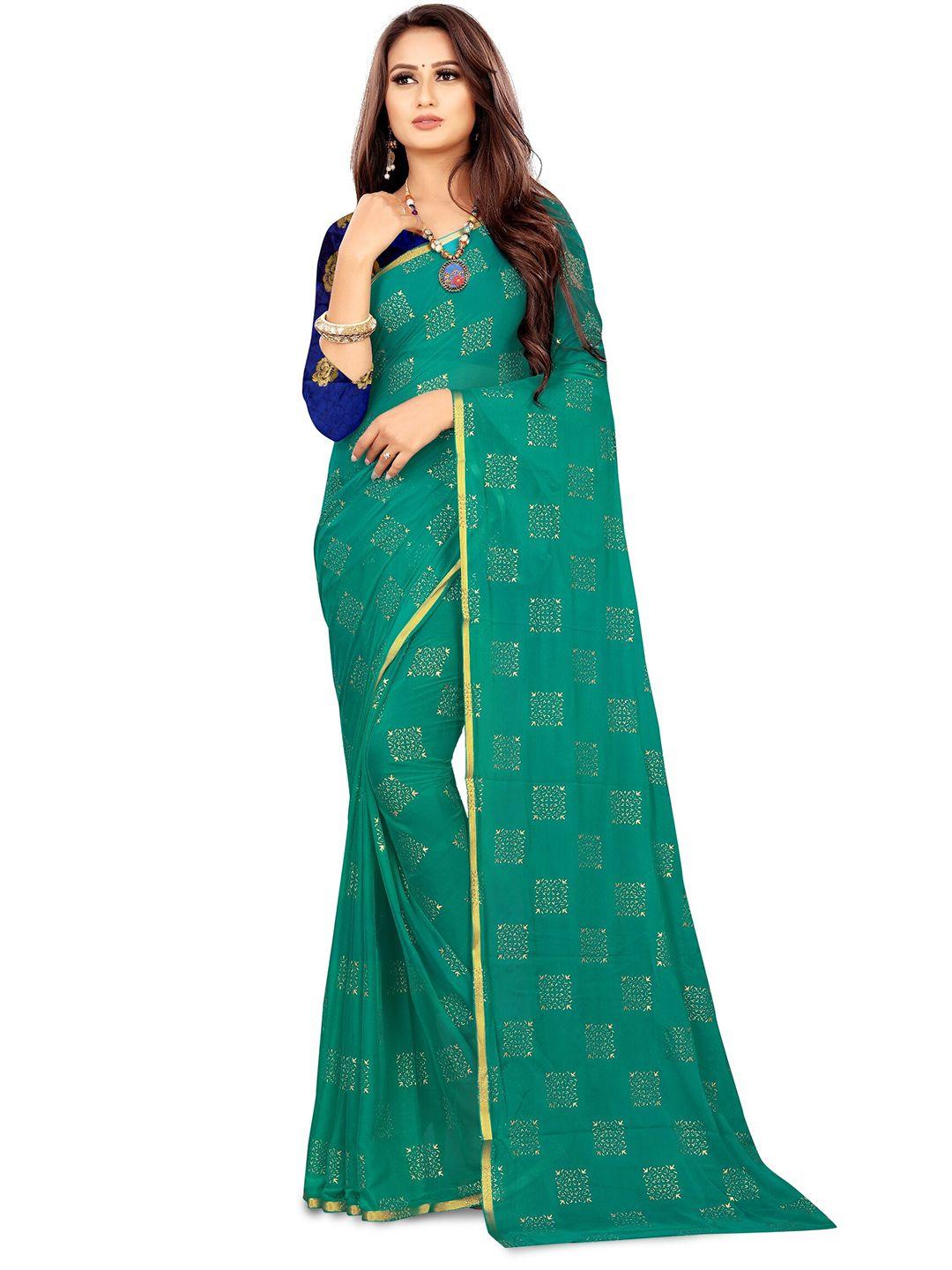 rhey green & gold-toned ethnic motifs zari poly chiffon banarasi saree