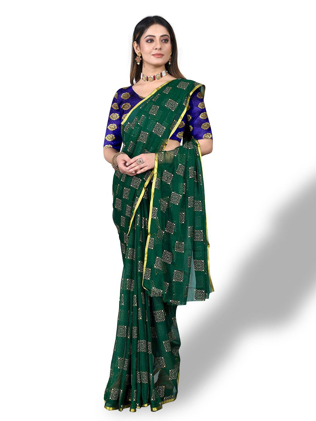 rhey green & gold-toned ethnic motifs zari poly chiffon banarasi saree