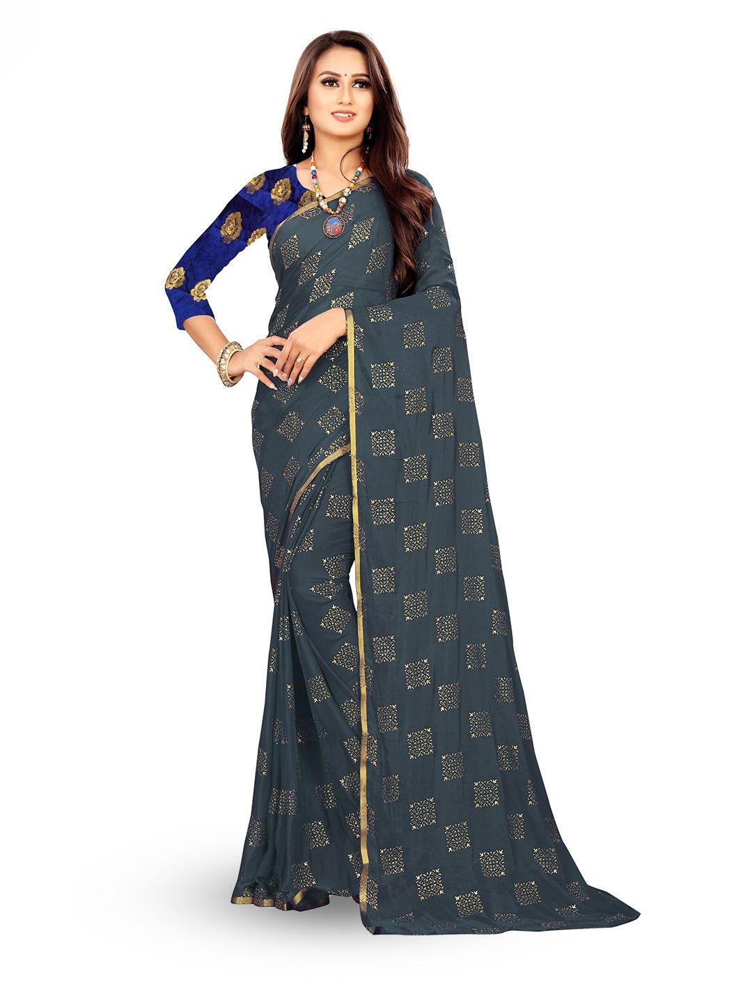 rhey grey & gold-toned ethnic motifs zari poly chiffon banarasi saree