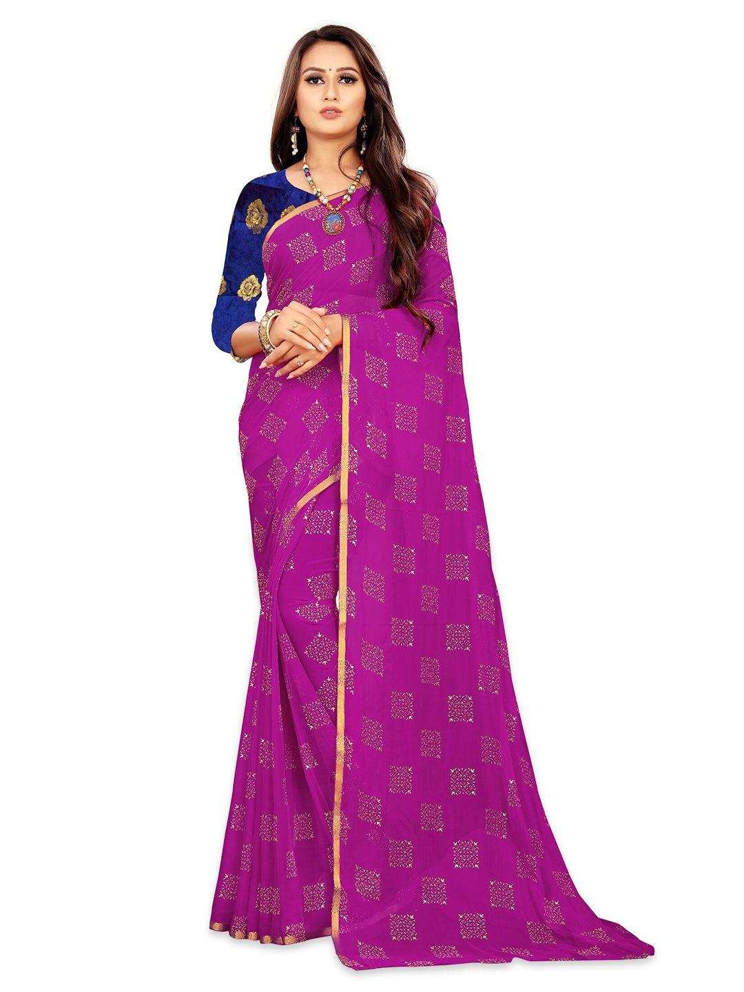 rhey magenta & gold-toned ethnic motifs zari poly chiffon banarasi saree