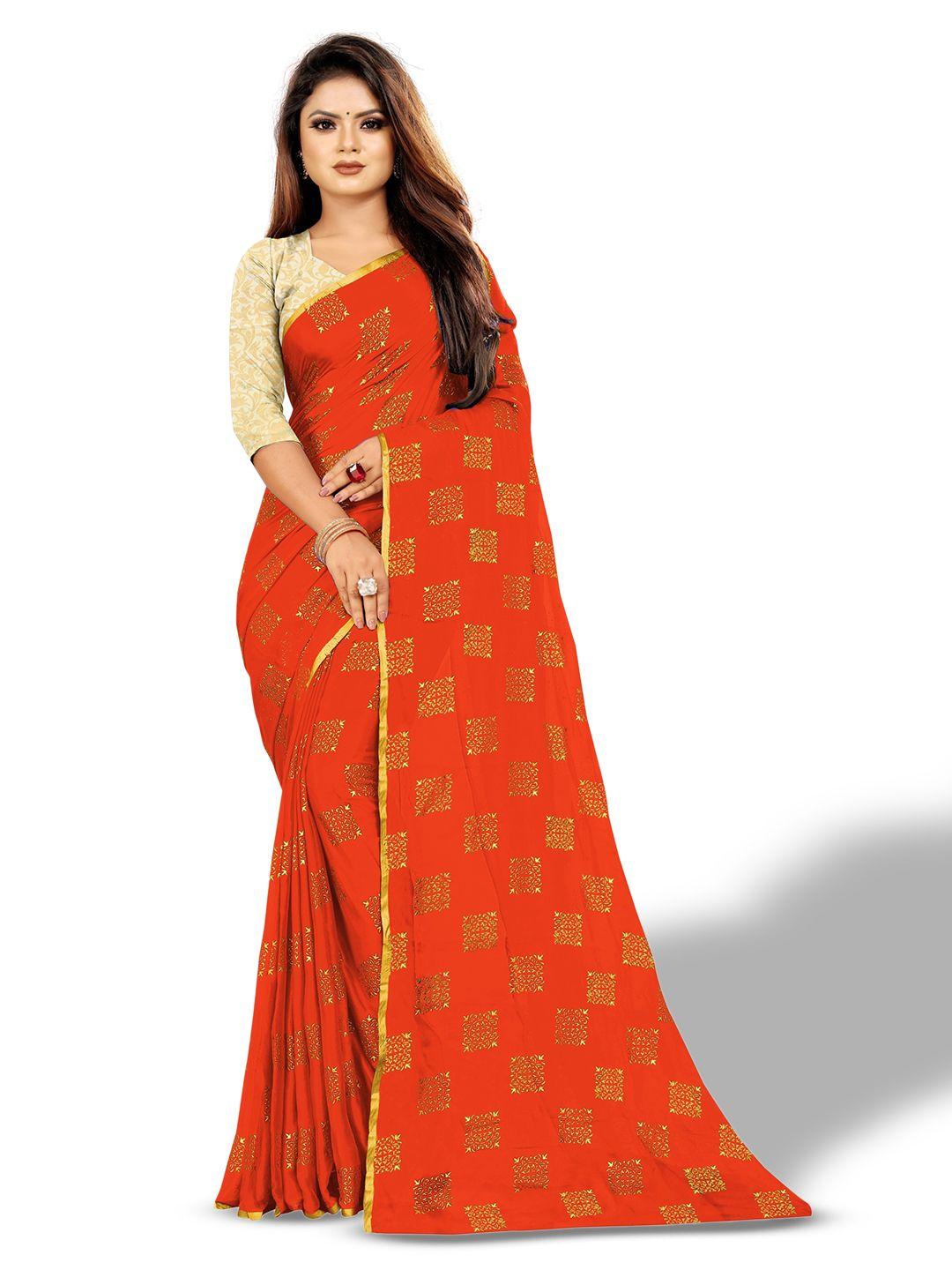 rhey orange & gold-toned ethnic motifs zari poly chiffon banarasi saree